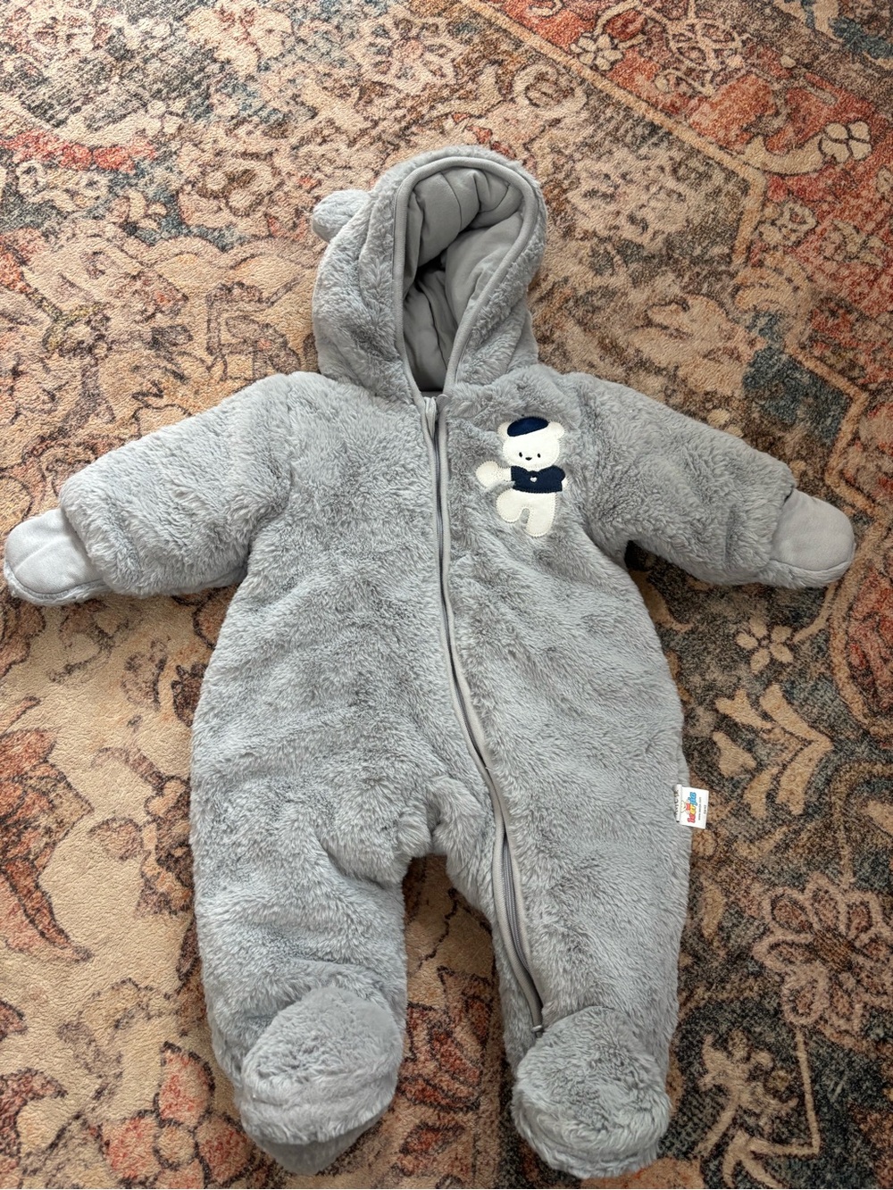 Gray Plush Baby One-Piece Hooded Snowsuit with Bear Applique